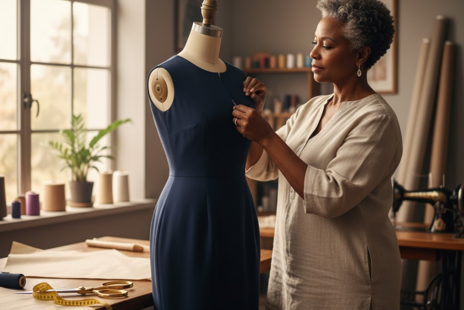 Plus-size senior woman fitting a handmade sheath dress on a dress form in her sewing studio.