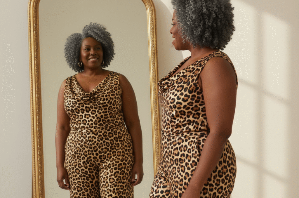 Plus-size African American woman smiling at her reflection while wearing a leopard print outfit, symbolizing body confidence and fit.