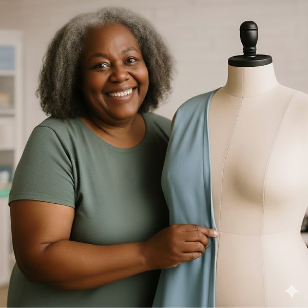 A plus-size senior woman smiling beside a dress form, symbolizing confidence and joy in sewing.