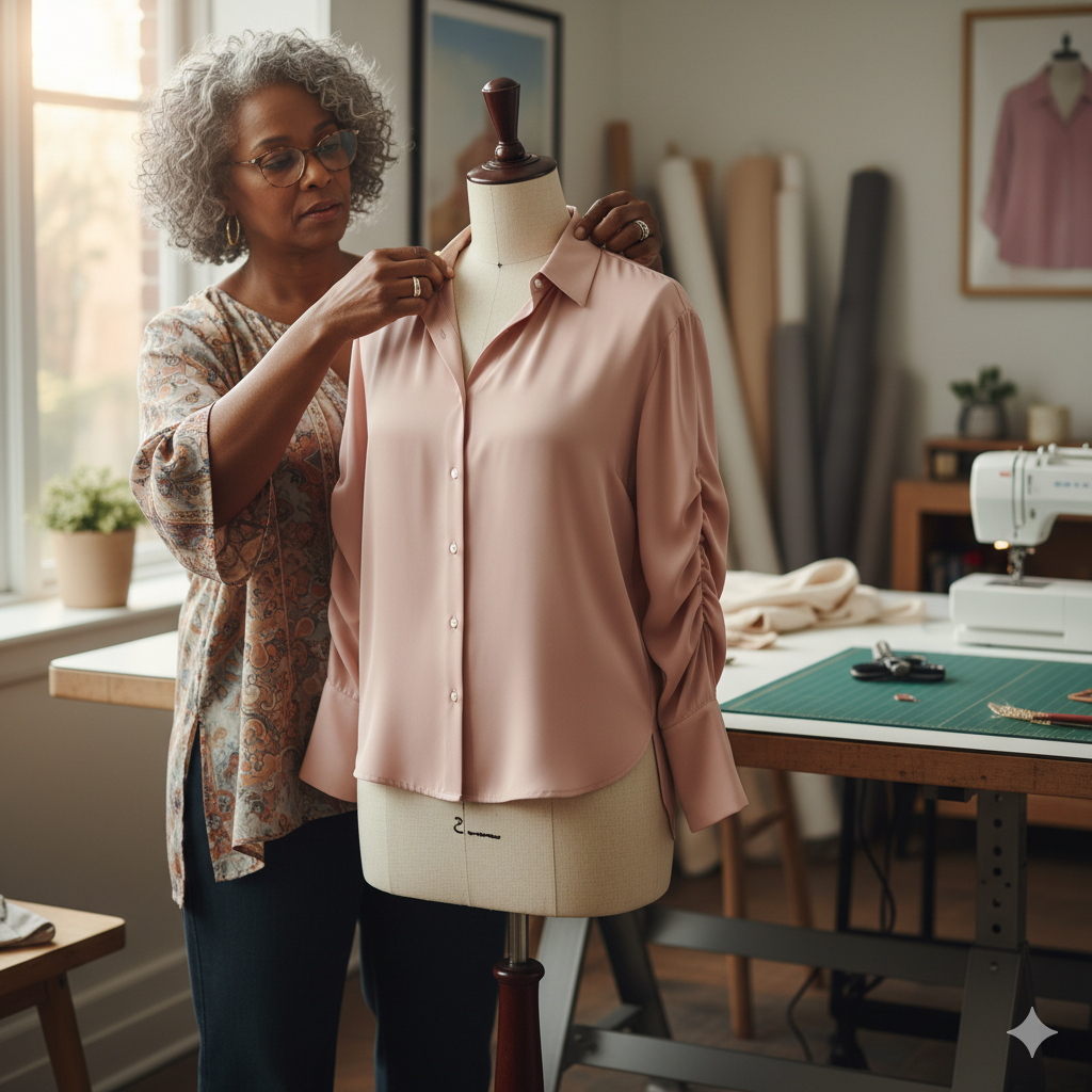 Mature Black female tailor adjusting a pink silky blouse on a dress form in a sunlit sewing studio.