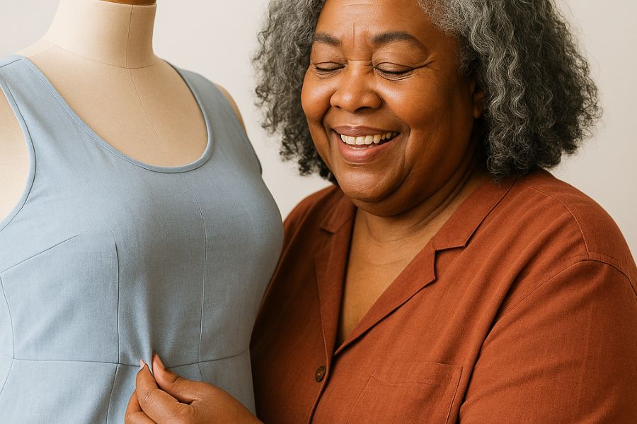 Smiling plus-size African American senior woman in a red handmade dress, standing proudly in her sewing studio beside a dress form.