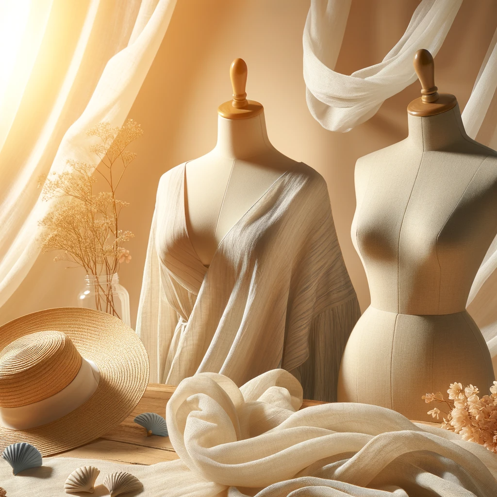 Elegant woven fabric for wrap dress draped on dress form, natural light.