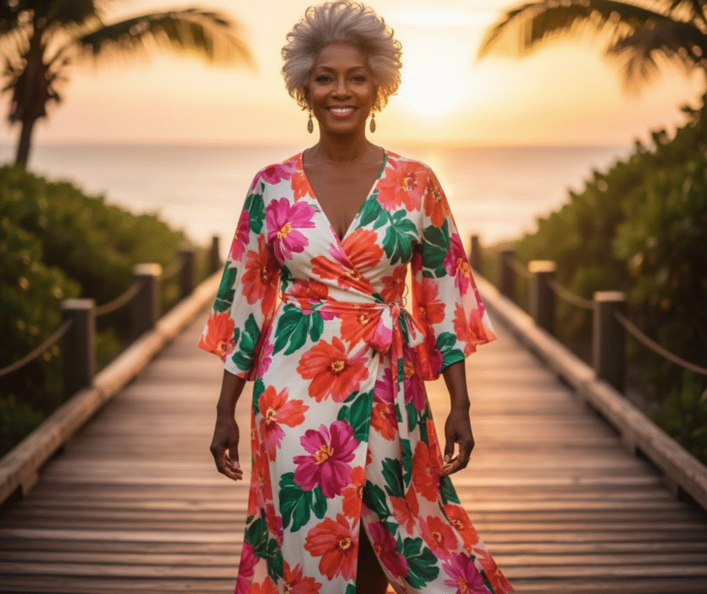 Plus-size senior woman in a vibrant floral wrap dress walking on a boardwalk at sunset