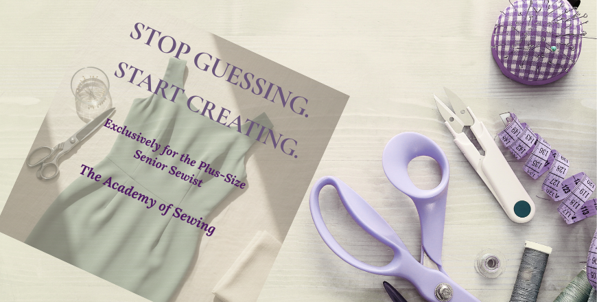 Graphic for The Source Blueprint Checklist showing a dress silhouette and professional sewing tools, inviting plus-size senior sewists to stop guessing and start creating.