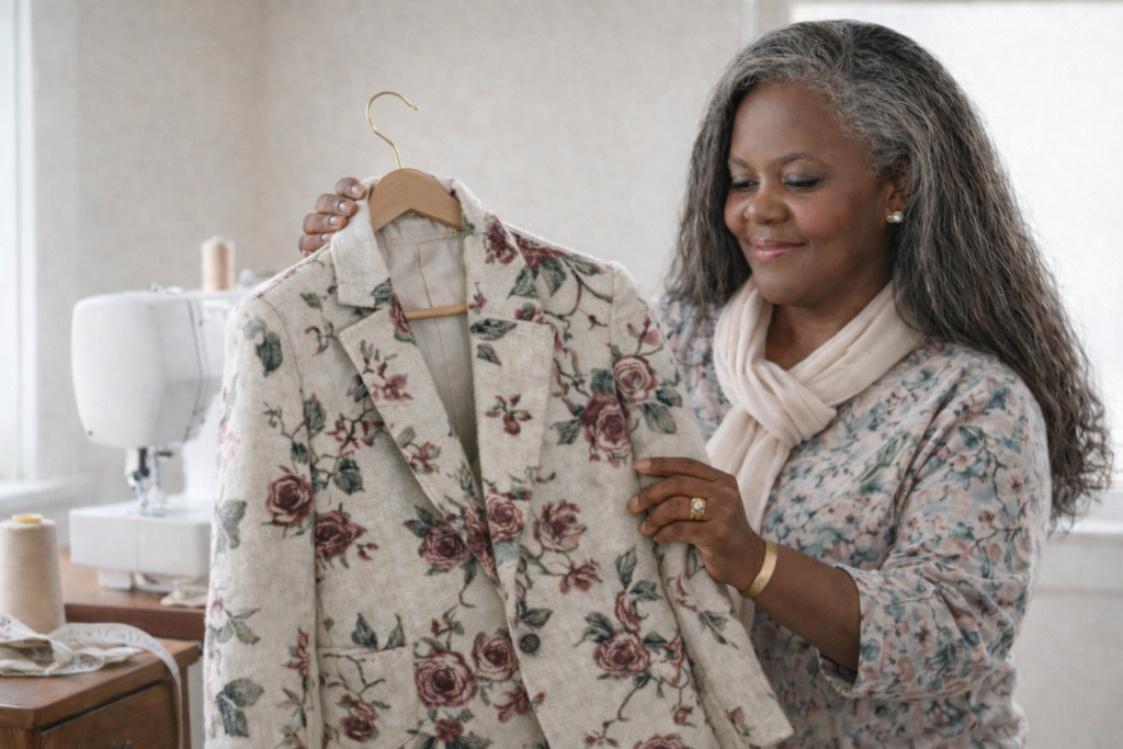 Carolyn, founder of The Academy of Sewing, inspecting a professionally tailored floral jacket, demonstrating the high-quality garment construction and fitting taught in her specialized courses