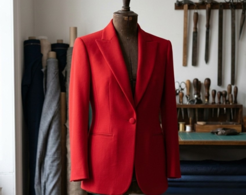 A vibrant red 80s-inspired structured jacket on a vintage wooden dress form in a sewing studio, showcasing a balanced T-frame silhouette.