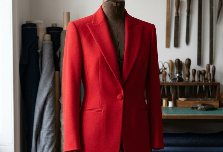 A vibrant red 80s-inspired structured jacket on a vintage wooden dress form in a sewing studio, showcasing a balanced T-frame silhouette.