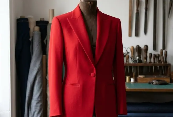 A vibrant red 80s-inspired structured jacket on a vintage wooden dress form in a sewing studio, showcasing a balanced T-frame silhouette.