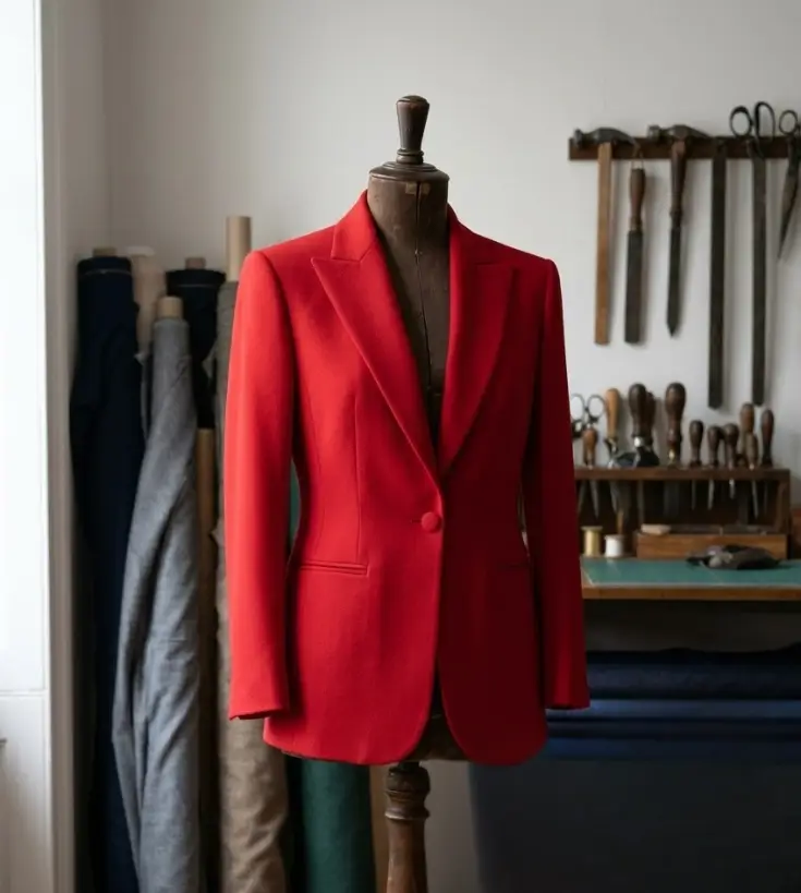 A vibrant red 80s-inspired structured jacket on a vintage wooden dress form in a sewing studio, showcasing a balanced T-frame silhouette.