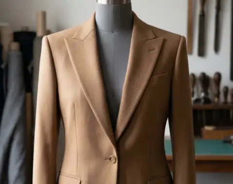 A camel-colored tailored wool blazer on a dress form, showcasing a crisp "T-frame" silhouette that balances the shoulders and hips.