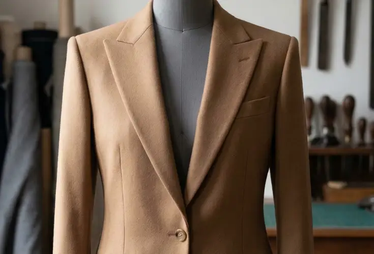 A camel-colored tailored wool blazer on a dress form, showcasing a crisp "T-frame" silhouette that balances the shoulders and hips.