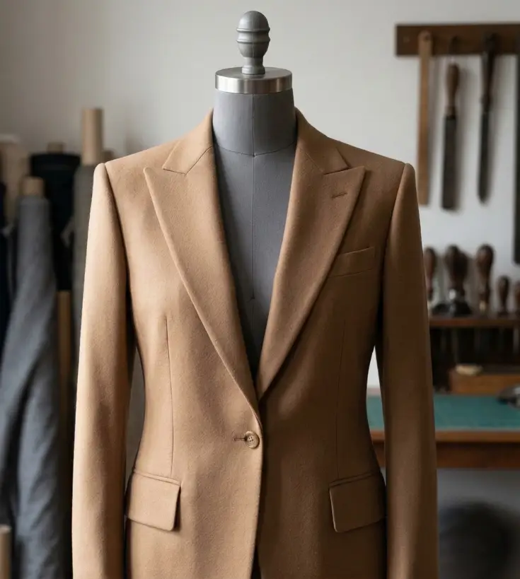 A camel-colored tailored wool blazer on a dress form, showcasing a crisp "T-frame" silhouette that balances the shoulders and hips.