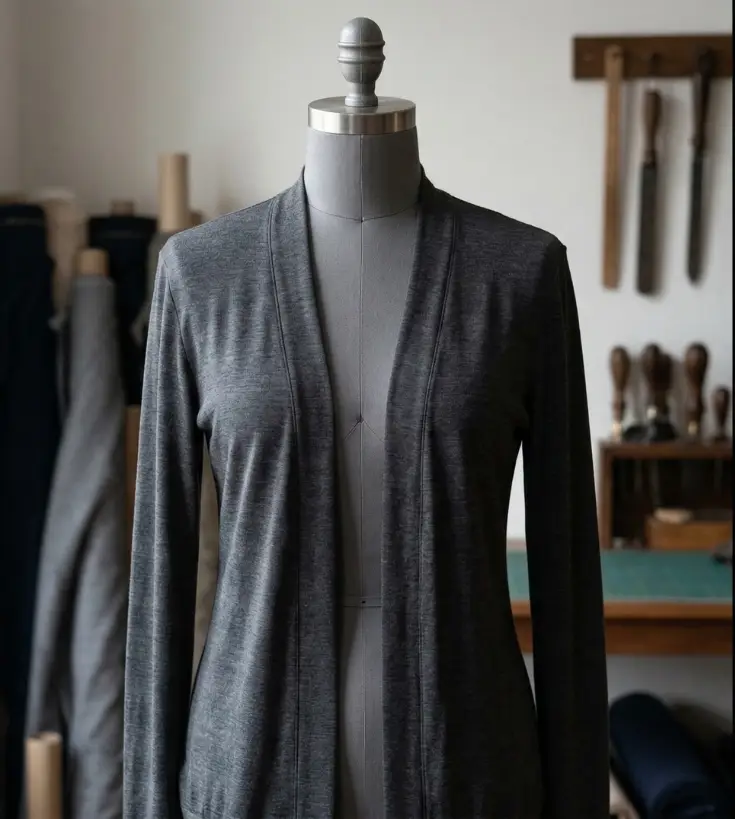 A grey, lightweight cardigan on a dress form that collapses and clings without internal structure.