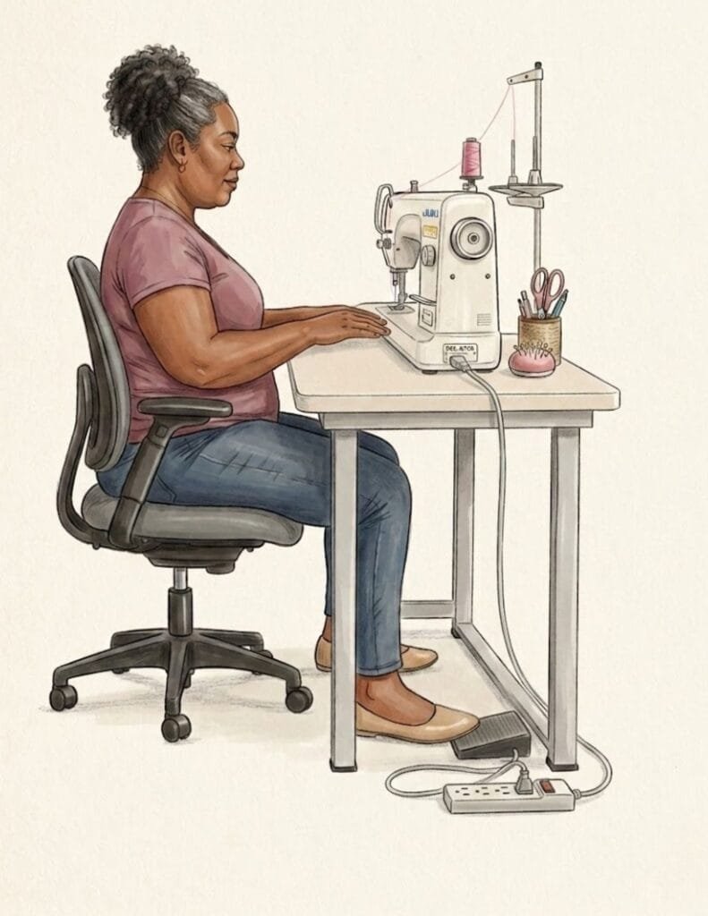 An illustration showing proper ergonomic posture for a sewist sitting at a sewing machine, demonstrating a straight spine, relaxed shoulders, and correct foot pedal placement.