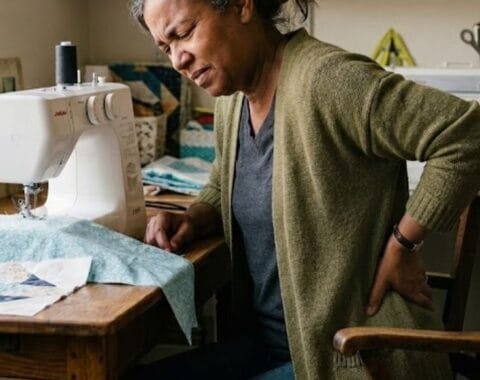 An Black American woman holding her lower back in pain while sitting at a sewing machine in her home studio.