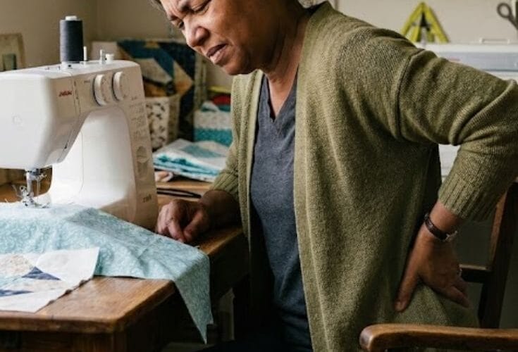 An Black American woman holding her lower back in pain while sitting at a sewing machine in her home studio.