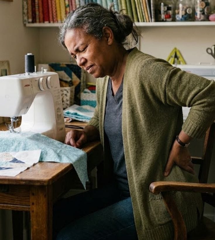 An Black American woman holding her lower back in pain while sitting at a sewing machine in her home studio.