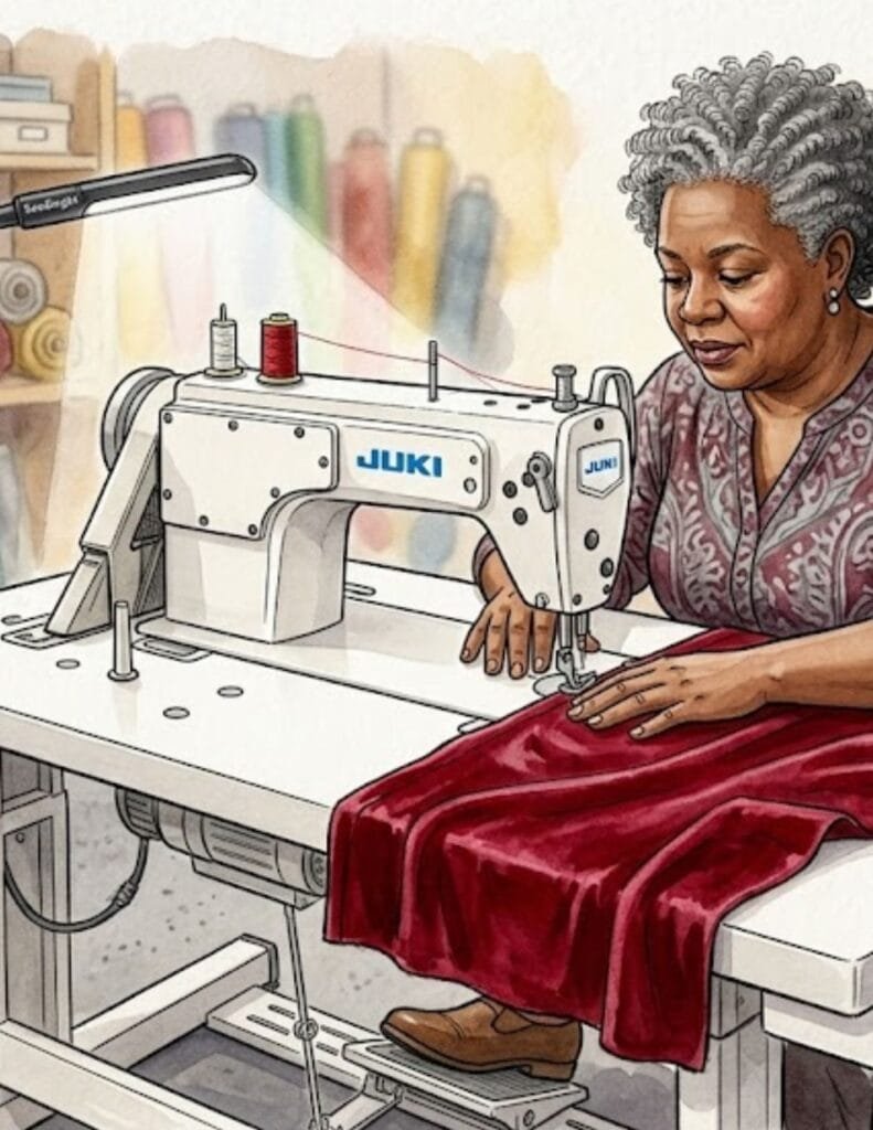 A close-up digital watercolor illustration tightly framing a mature Black woman with gray hair actively sewing at an industrial Juki machine. A task light clamped to the table directs a focused beam directly onto the needle area. Her hands guide a rich red fabric, demonstrating optimal task lighting with minimal shadow on the stitch line.