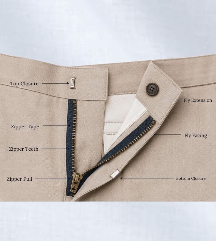 Close-up of a fly zipper closure on the front of a pair of pants