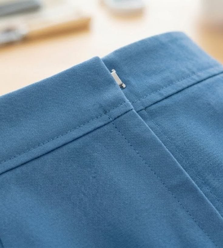 Close-up of a lapped zipper installed in blue fabric, showing the folded overlap and hidden stitching line