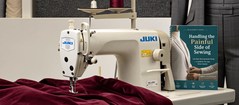 uki industrial sewing machine with red velvet fabric and the Handling the Painful Side of Sewing guide