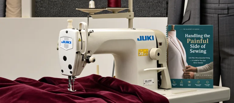 uki industrial sewing machine with red velvet fabric and the Handling the Painful Side of Sewing guide