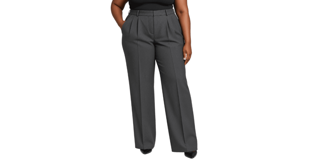 Woman wearing gray womens tailored trousers with a pressed crease and front pleats