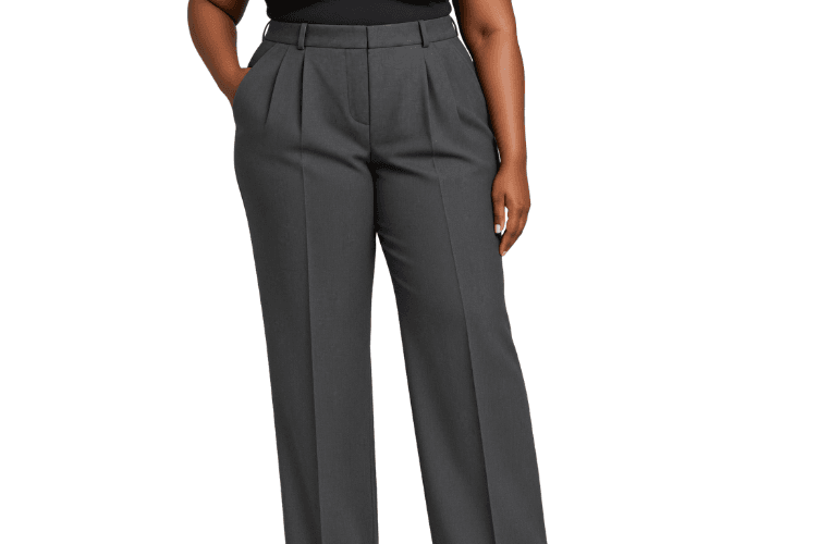 Woman wearing gray womens tailored trousers with a pressed crease and front pleats